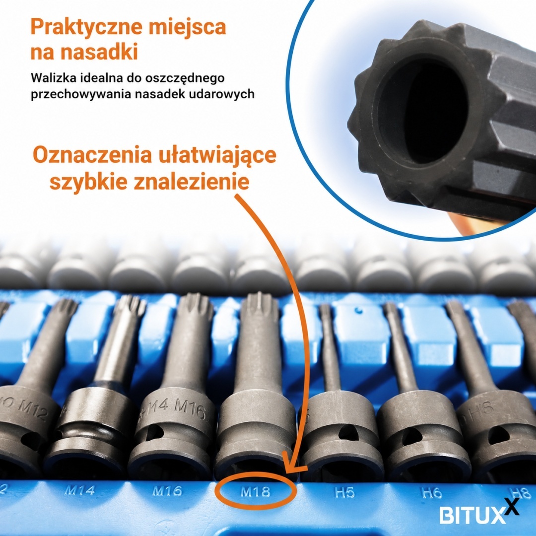 Bituxx 26dílná sada nástrčných klíčů 1/2″ - nástrčné klíče, Torx a vícedrážkové bity, profesionální sada M19607